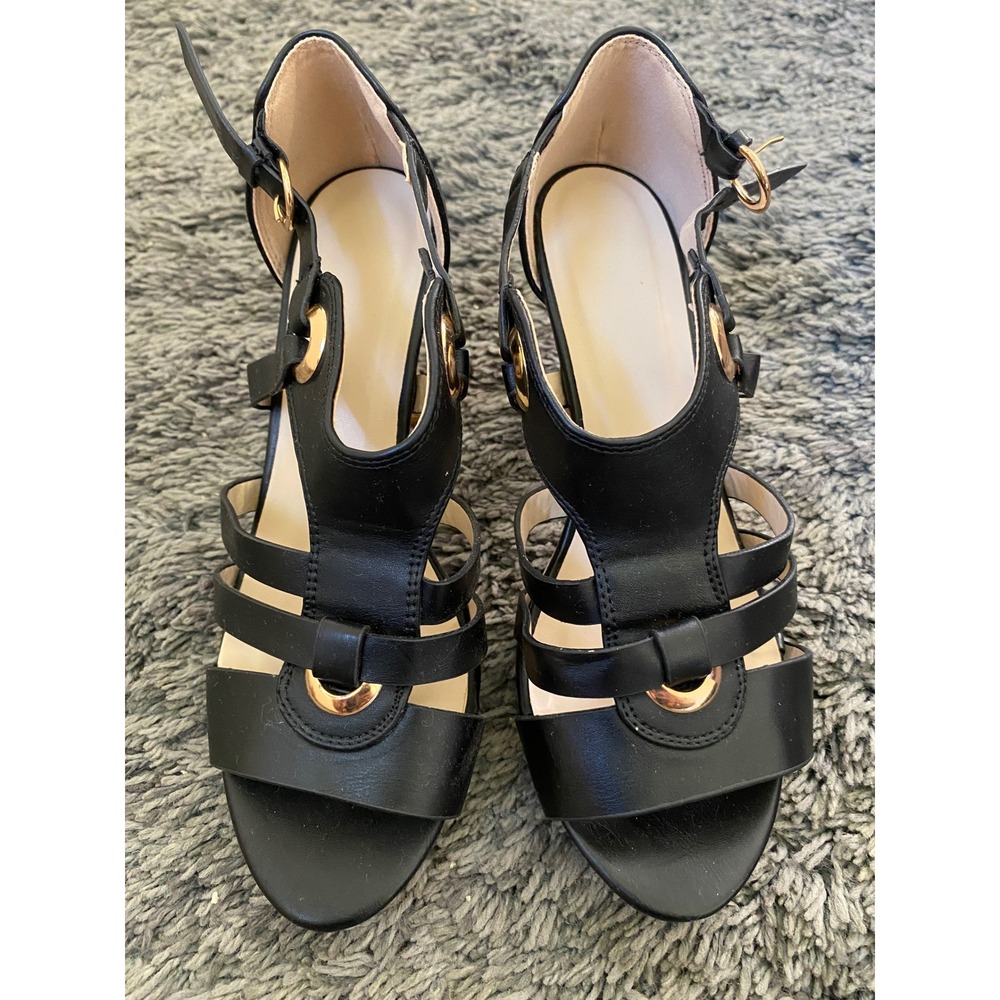 Black Strappy Gladiator Sandals Gold Ring Detail Cork Block Heel Size 37